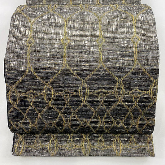 【庫存清倉】 【美品】 袋帶 名品級 幾何圖案 金絲 黑灰 全通 純蠶絲