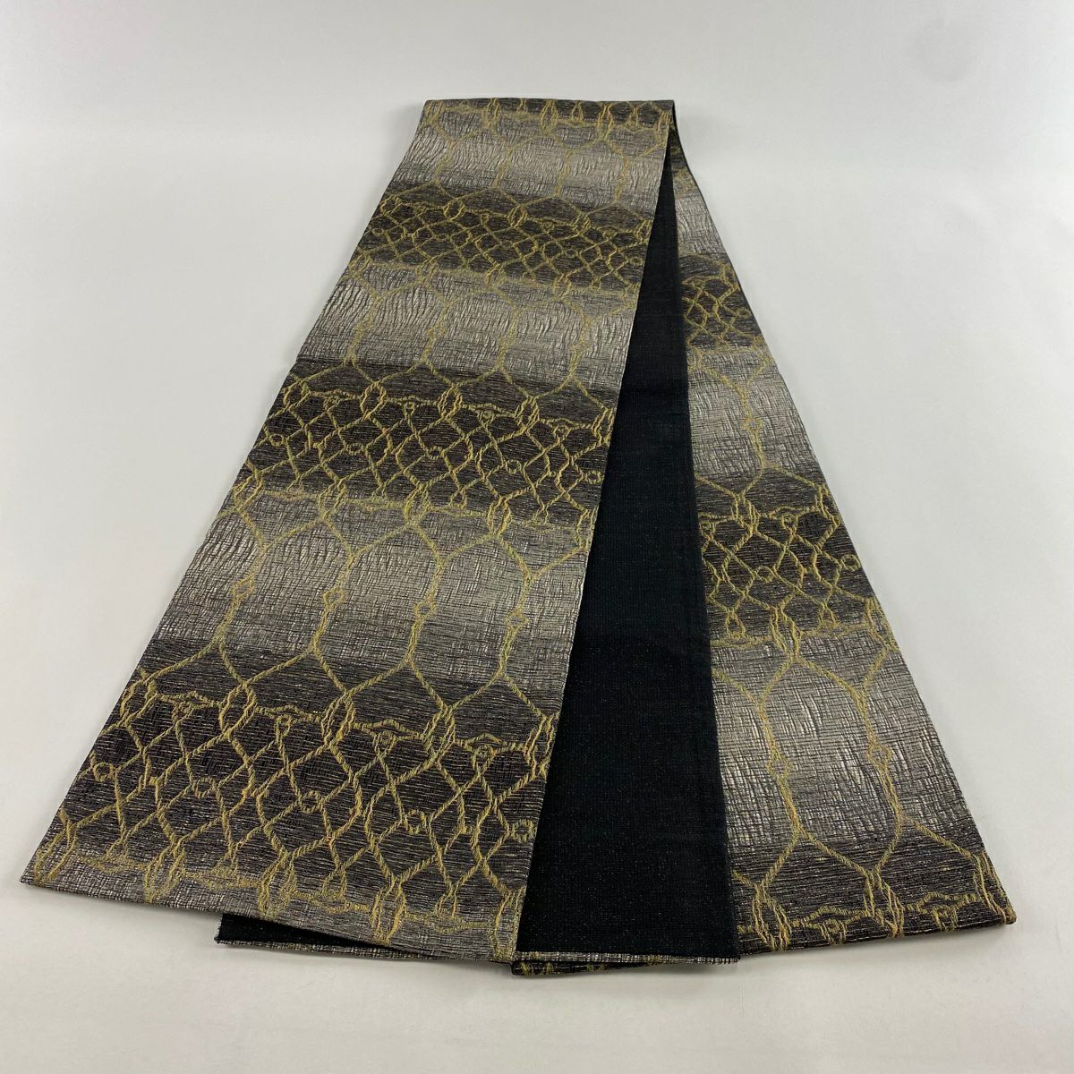 【庫存清倉】 【美品】 袋帶 名品級 幾何圖案 金絲 黑灰 全通 純蠶絲