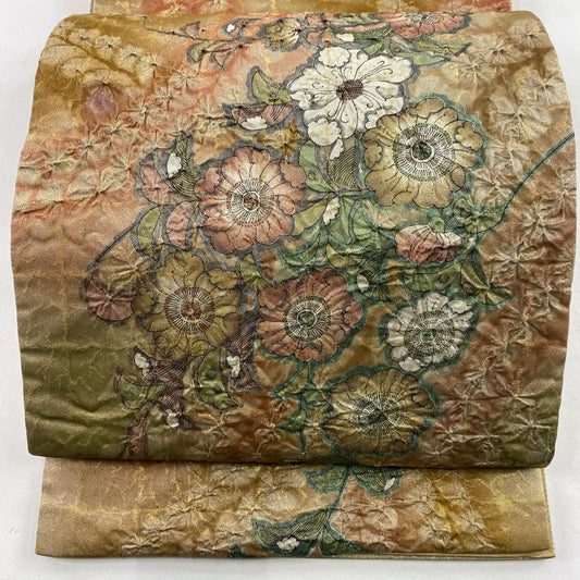 【庫存清倉】 【美品】 袋帶 名品級 鈴乃屋 辻花染 金絲 金金箔 淺茶 深色 太鼓圖案 純蠶絲