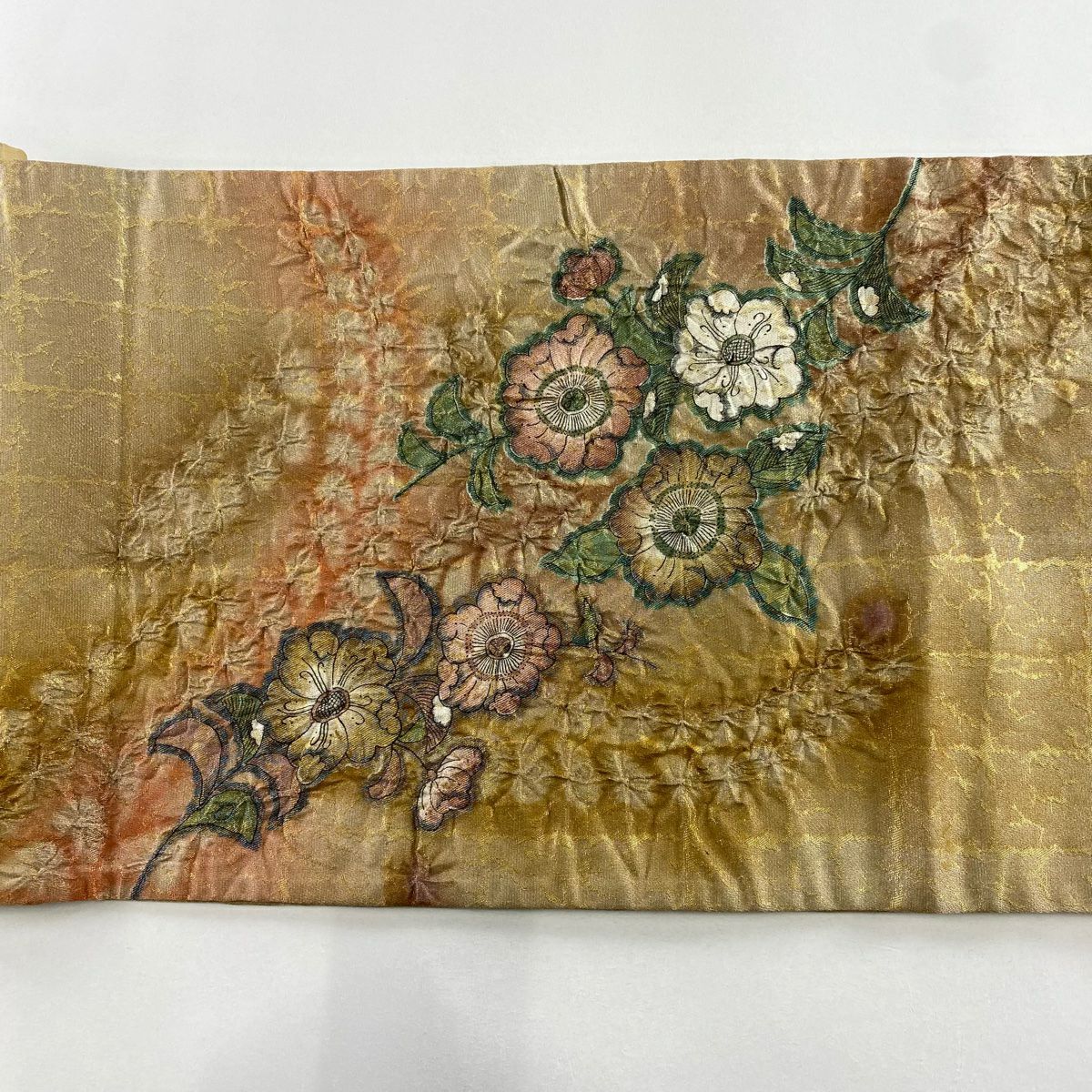 【庫存清倉】 【美品】 袋帶 名品級 鈴乃屋 辻花染 金絲 金金箔 淺茶 深色 太鼓圖案 純蠶絲