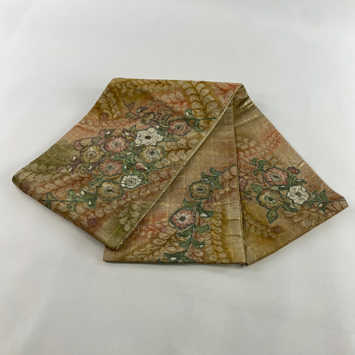 【庫存清倉】 【美品】 袋帶 名品級 鈴乃屋 辻花染 金絲 金金箔 淺茶 深色 太鼓圖案 純蠶絲