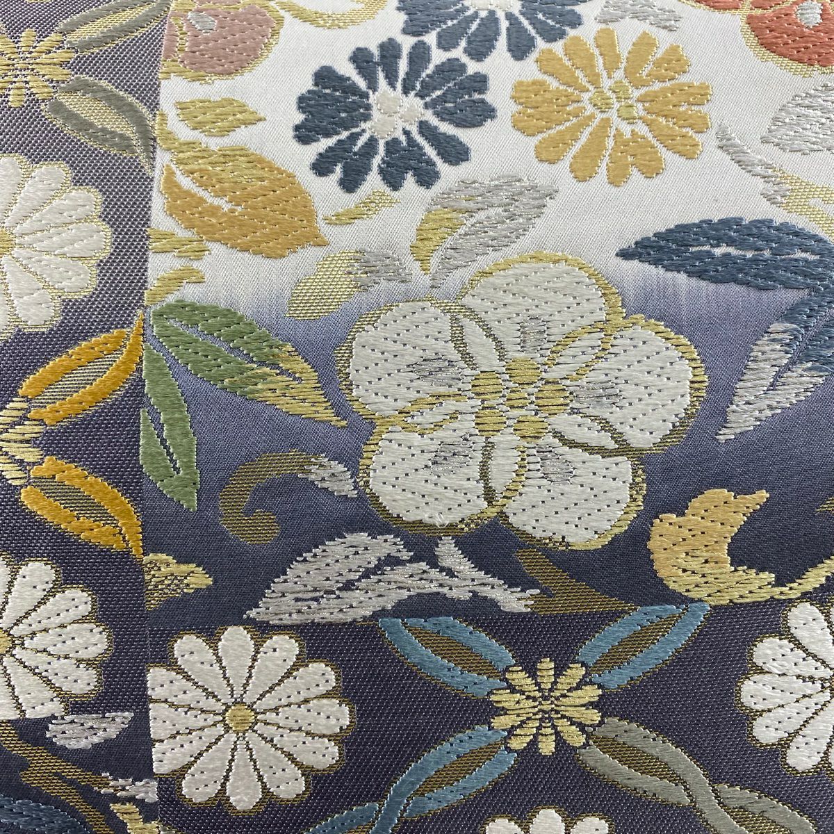 【庫存清倉】 袋帶 名品級 草花紋 金銀彩 金金箔 灰紫 六通 純蠶絲