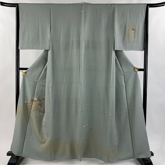 付下 身長161cm 袖長64cm M 雙層 貝紫 松樹竹子梅花 家屋 金絲 刺繡 灰綠 純蠶絲 秀品級 一個紋