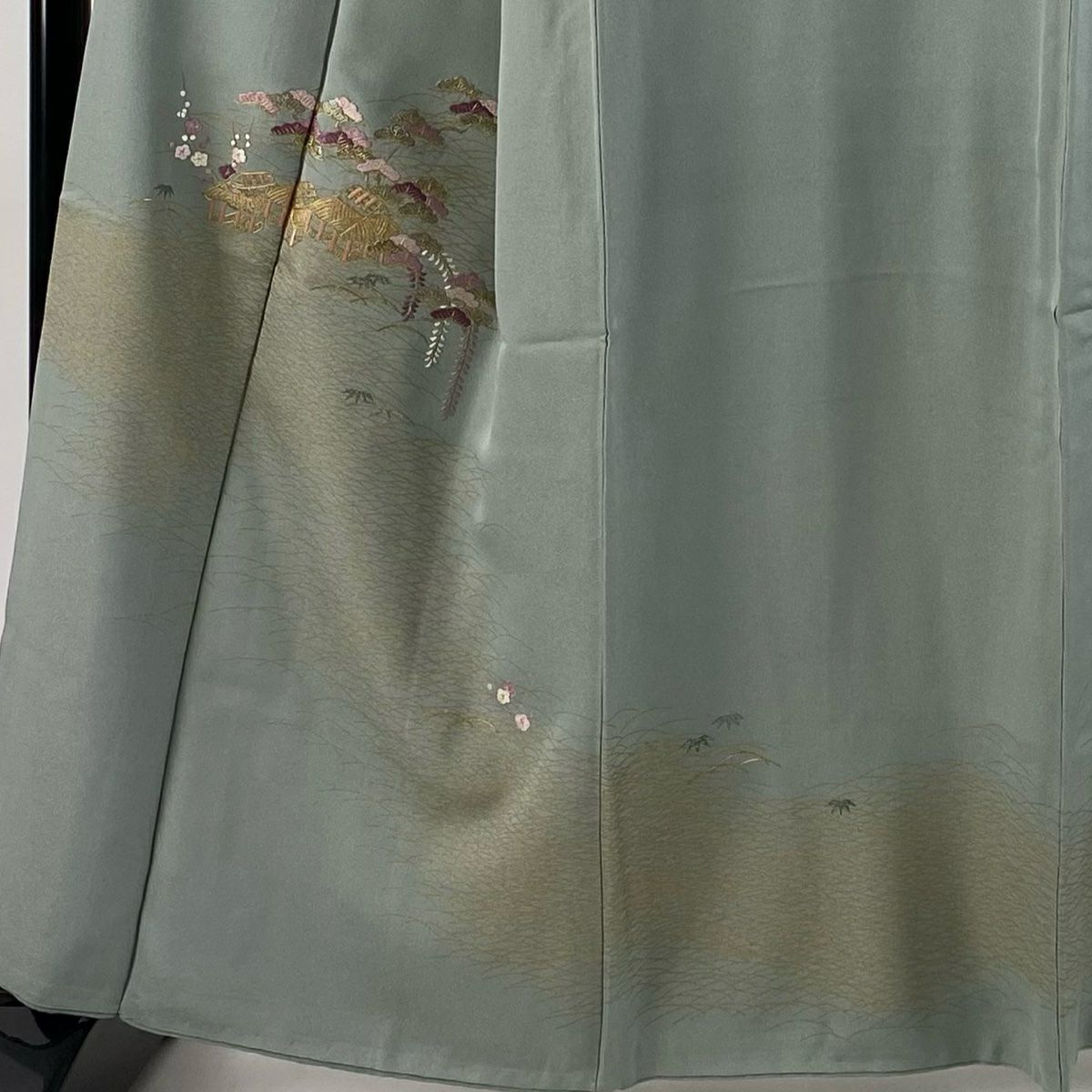 付下 身長161cm 袖長64cm M 雙層 貝紫 松樹竹子梅花 家屋 金絲 刺繡 灰綠 純蠶絲 秀品級 一個紋