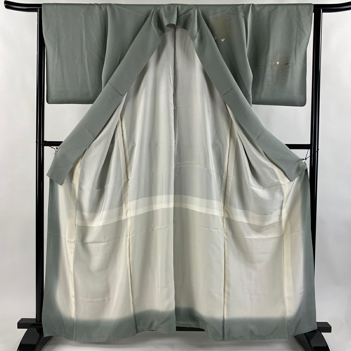 付下 身長161cm 袖長64cm M 雙層 貝紫 松樹竹子梅花 家屋 金絲 刺繡 灰綠 純蠶絲 秀品級 一個紋