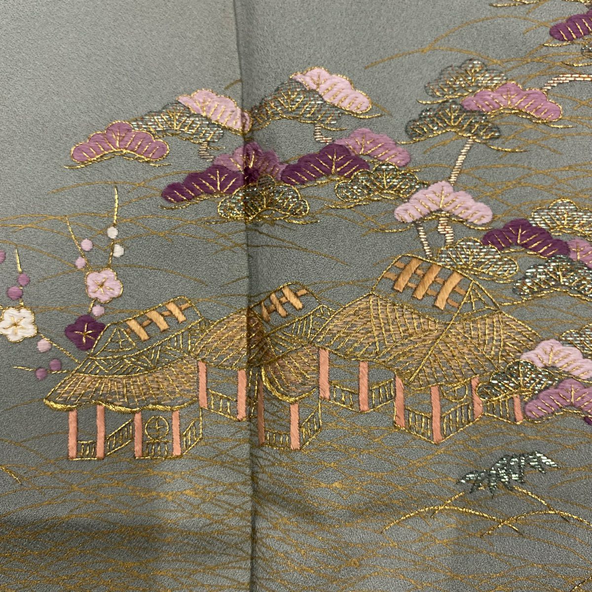 付下 身長161cm 袖長64cm M 雙層 貝紫 松樹竹子梅花 家屋 金絲 刺繡 灰綠 純蠶絲 秀品級 一個紋