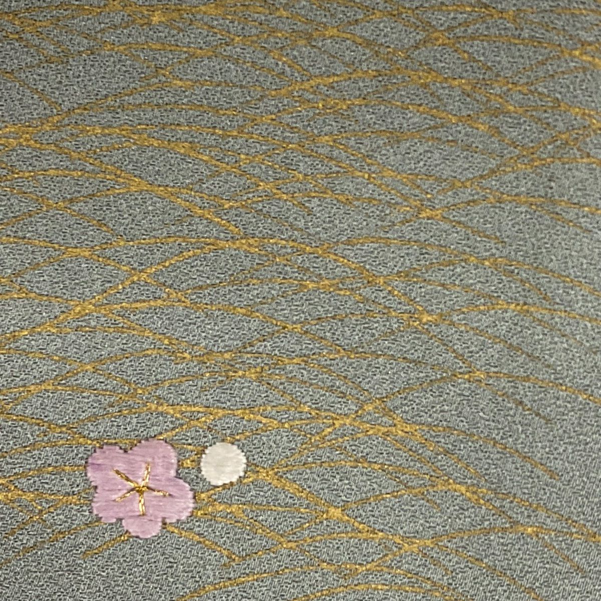 付下 身長161cm 袖長64cm M 雙層 貝紫 松樹竹子梅花 家屋 金絲 刺繡 灰綠 純蠶絲 秀品級 一個紋