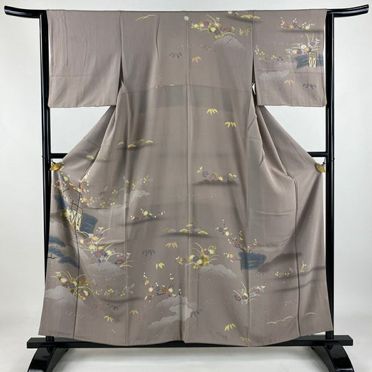 訪問服 身長158cm 袖長63cm S 雙層 落款有 枝梅花 柴垣 灰紫 純蠶絲 秀品級 一個紋