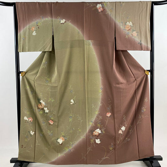 訪問服 身長163cm 袖長65cm M 雙層 落款 草花紋 染分 ぼかし 茶綠 純蠶絲 秀品級