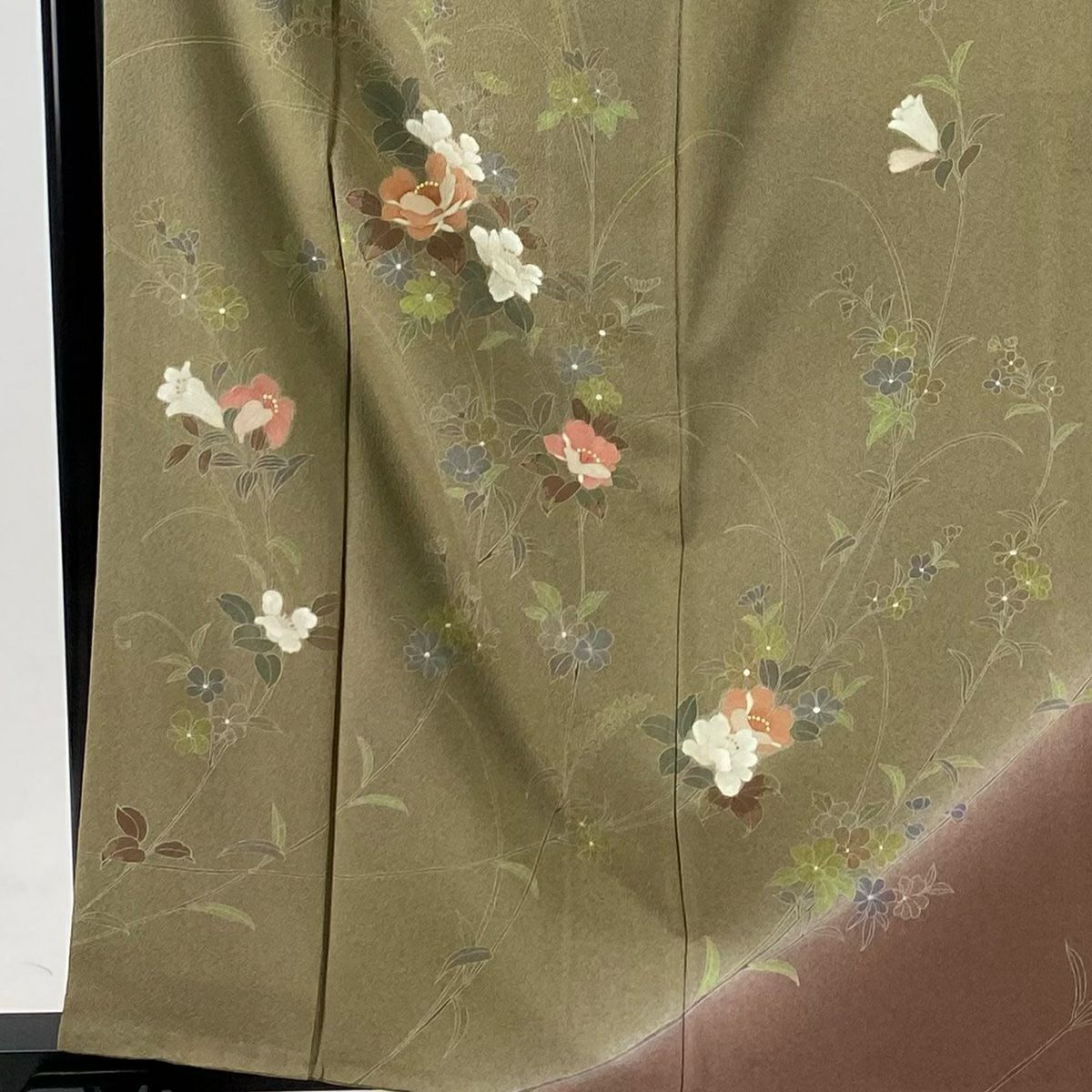 訪問服 身長163cm 袖長65cm M 雙層 落款 草花紋 染分 ぼかし 茶綠 純蠶絲 秀品級