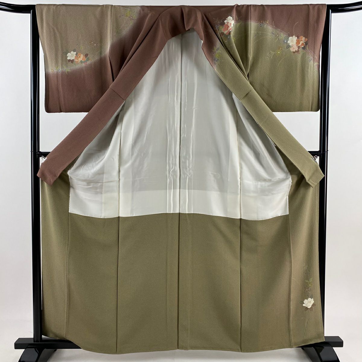 訪問服 身長163cm 袖長65cm M 雙層 落款 草花紋 染分 ぼかし 茶綠 純蠶絲 秀品級