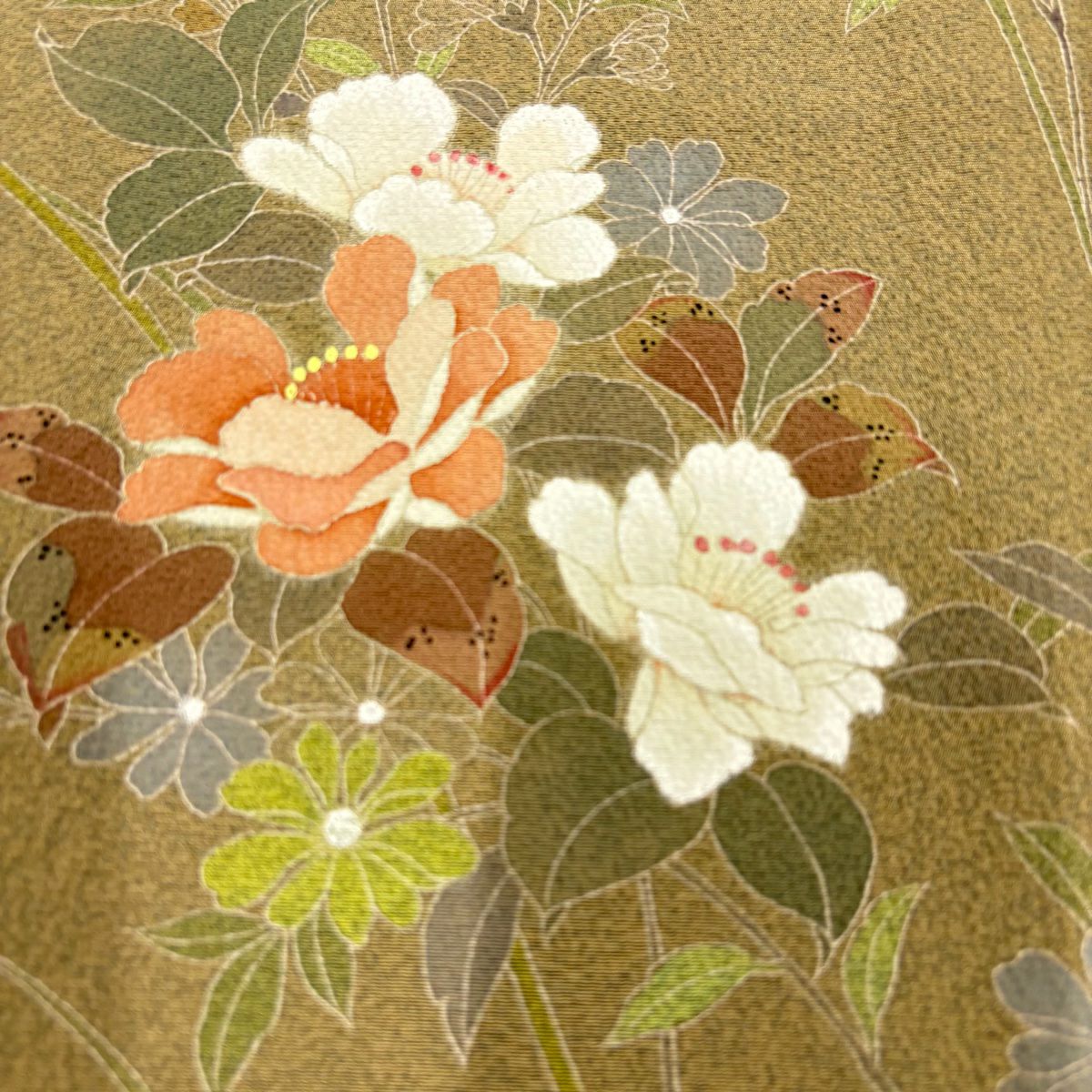 訪問服 身長163cm 袖長65cm M 雙層 落款 草花紋 染分 ぼかし 茶綠 純蠶絲 秀品級