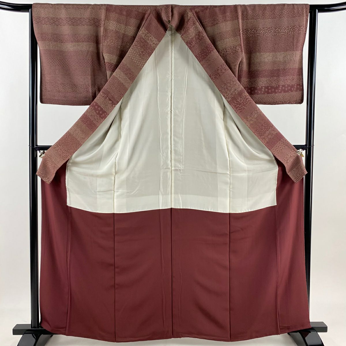 【美品】 江戶小紋 身長164.5cm 袖長63.5cm S 雙層 落款あり 段紋 小花 紅色 純蠶絲 優品級
