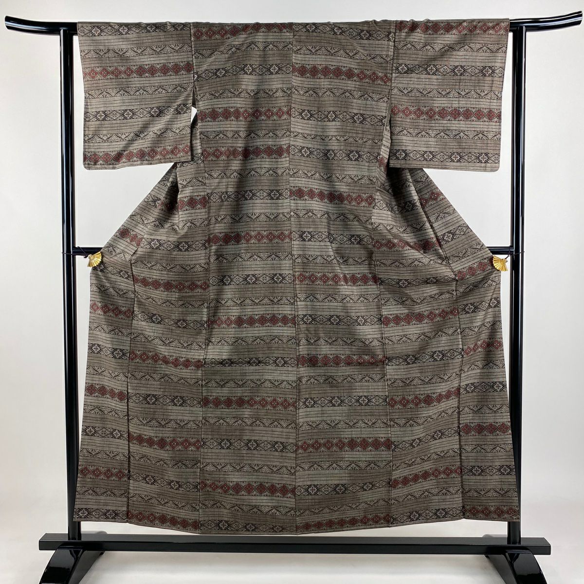 紬織 身長156.5cm 袖長61.5cm S 雙層 縞花菱 焦茶 純蠶絲 秀品級