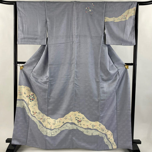 訪問服 身長165cm 袖長64cm M 雙層 草花紋紋 地紋 水色 純蠶絲 秀品級
