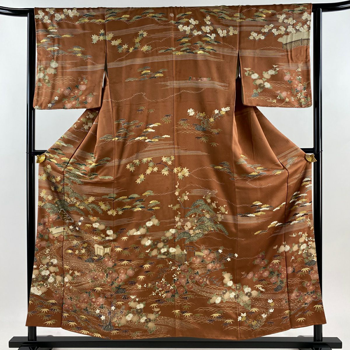【美品】訪問服 身長155.5cm 袖長64cm M 雙層 御所車 流水 金絲 金銀彩 紅茶 純蠶絲 秀品級 一個紋