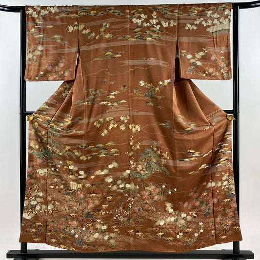 【美品】訪問服 身長155.5cm 袖長64cm M 雙層 御所車 流水 金絲 金銀彩 紅茶 純蠶絲 秀品級 一個紋