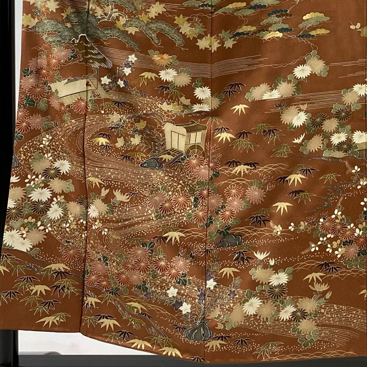 【美品】訪問服 身長155.5cm 袖長64cm M 雙層 御所車 流水 金絲 金銀彩 紅茶 純蠶絲 秀品級 一個紋
