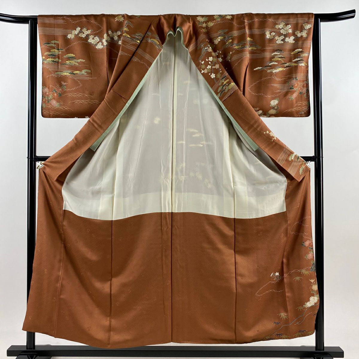 【美品】訪問服 身長155.5cm 袖長64cm M 雙層 御所車 流水 金絲 金銀彩 紅茶 純蠶絲 秀品級 一個紋