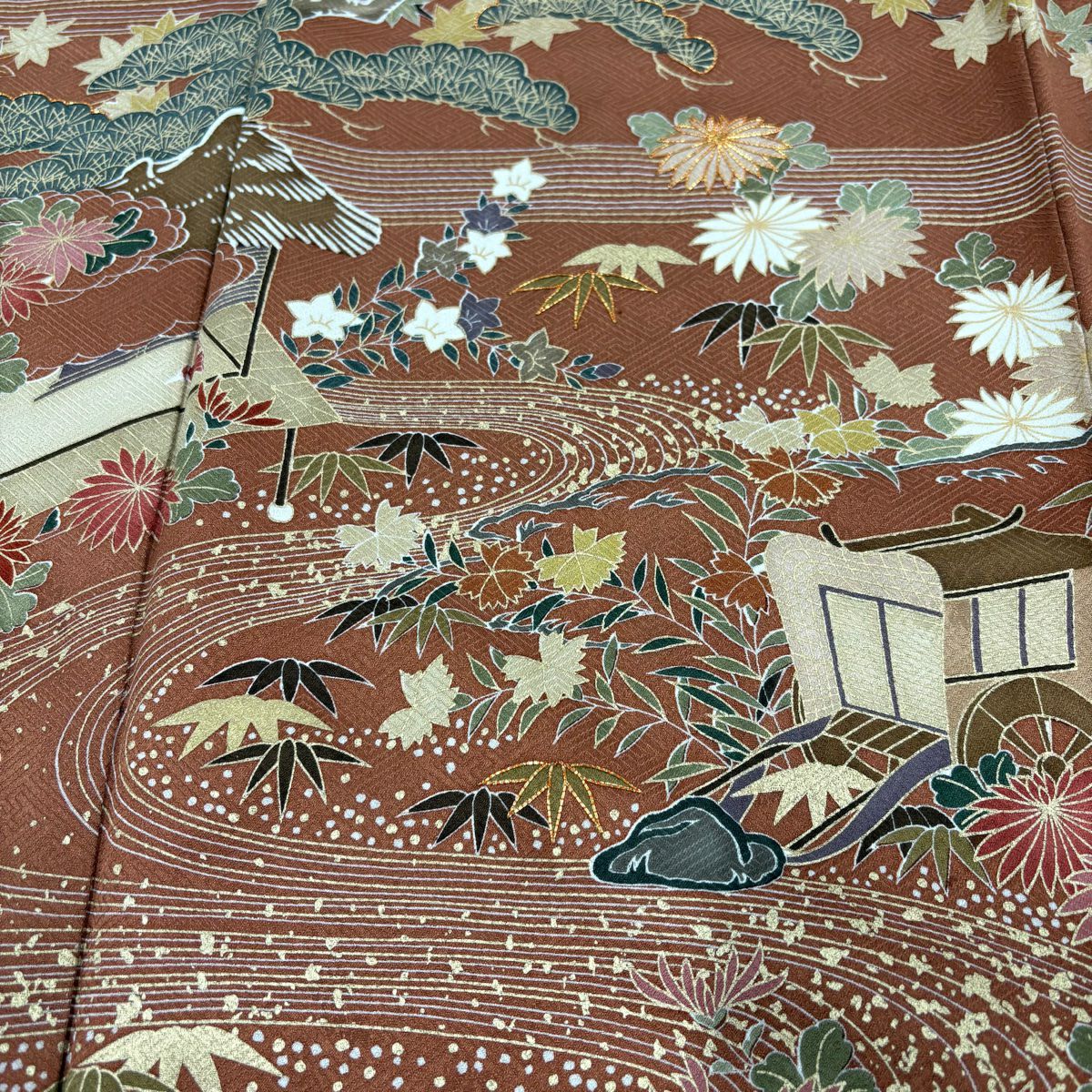 【美品】訪問服 身長155.5cm 袖長64cm M 雙層 御所車 流水 金絲 金銀彩 紅茶 純蠶絲 秀品級 一個紋