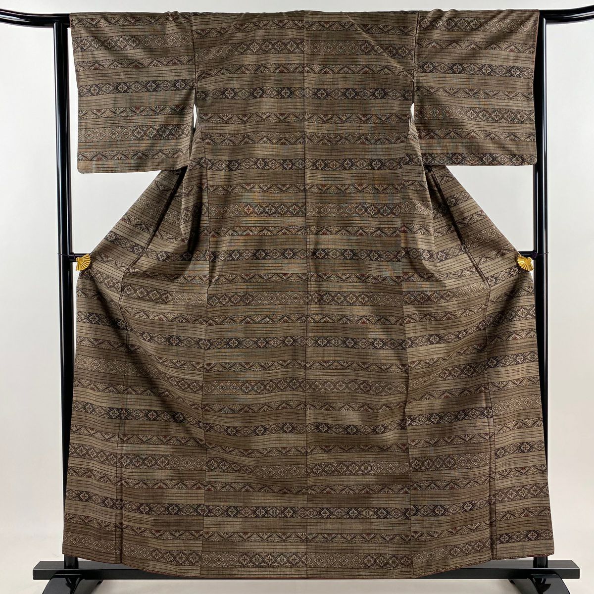 紬織 身長160cm 袖長62cm S 雙層 橫條 花菱 焦茶 純蠶絲 秀品級