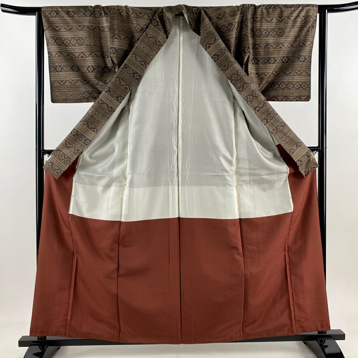 紬織 身長160cm 袖長62cm S 雙層 橫條 花菱 焦茶 純蠶絲 秀品級