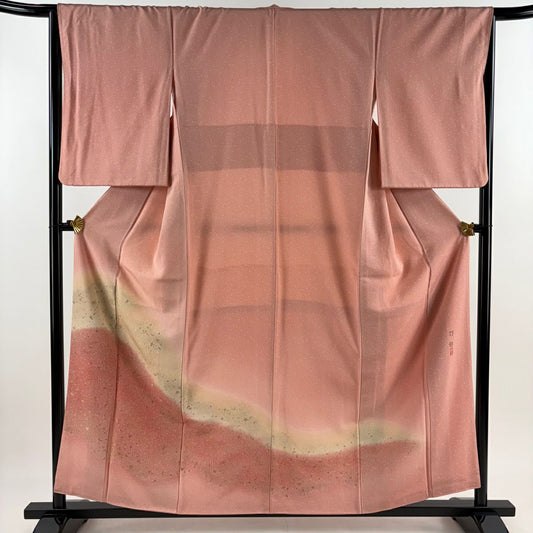 付下 身長157cm 袖長66cm M 雙層 落款 花 よろけ縞 金金箔 漸層 粉色 純蠶絲 優品級