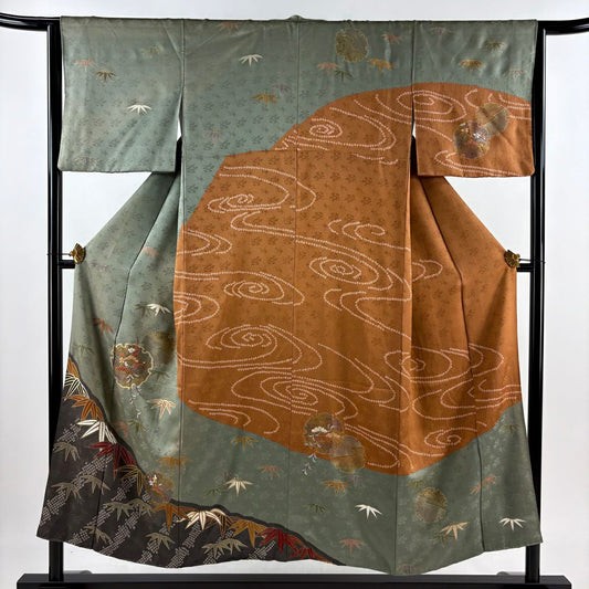訪問服 身長151cm 袖長62cm S 雙層 雪輪 松樹竹子梅花 刺繡 金糸 灰綠 純蠶絲 秀品級