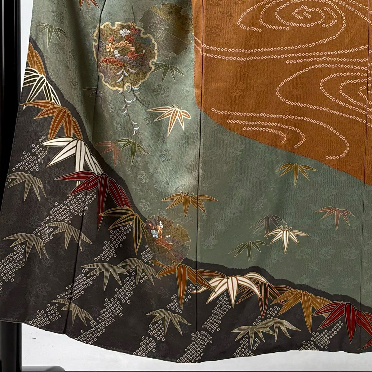 訪問服 身長151cm 袖長62cm S 雙層 雪輪 松樹竹子梅花 刺繡 金糸 灰綠 純蠶絲 秀品級
