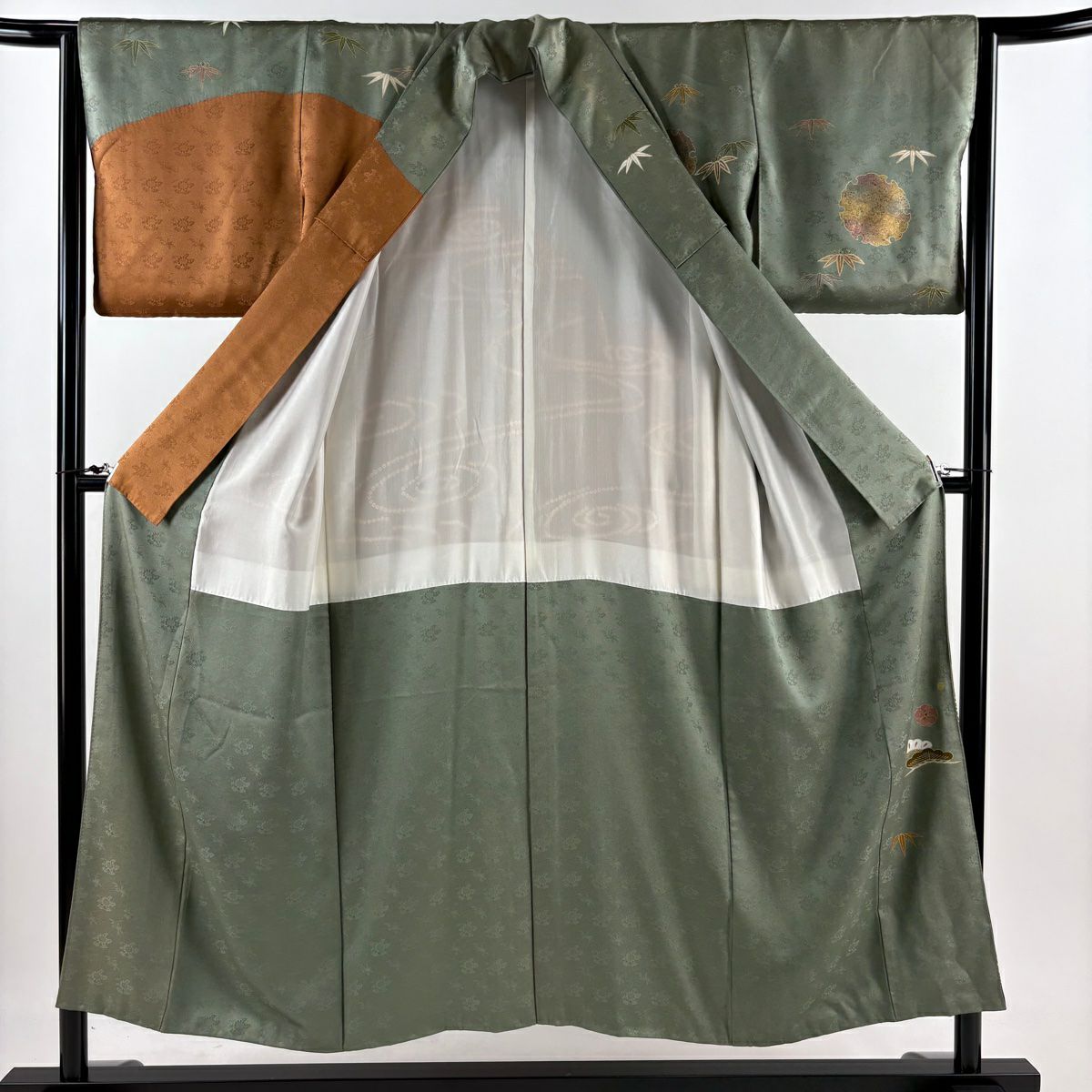訪問服 身長151cm 袖長62cm S 雙層 雪輪 松樹竹子梅花 刺繡 金糸 灰綠 純蠶絲 秀品級