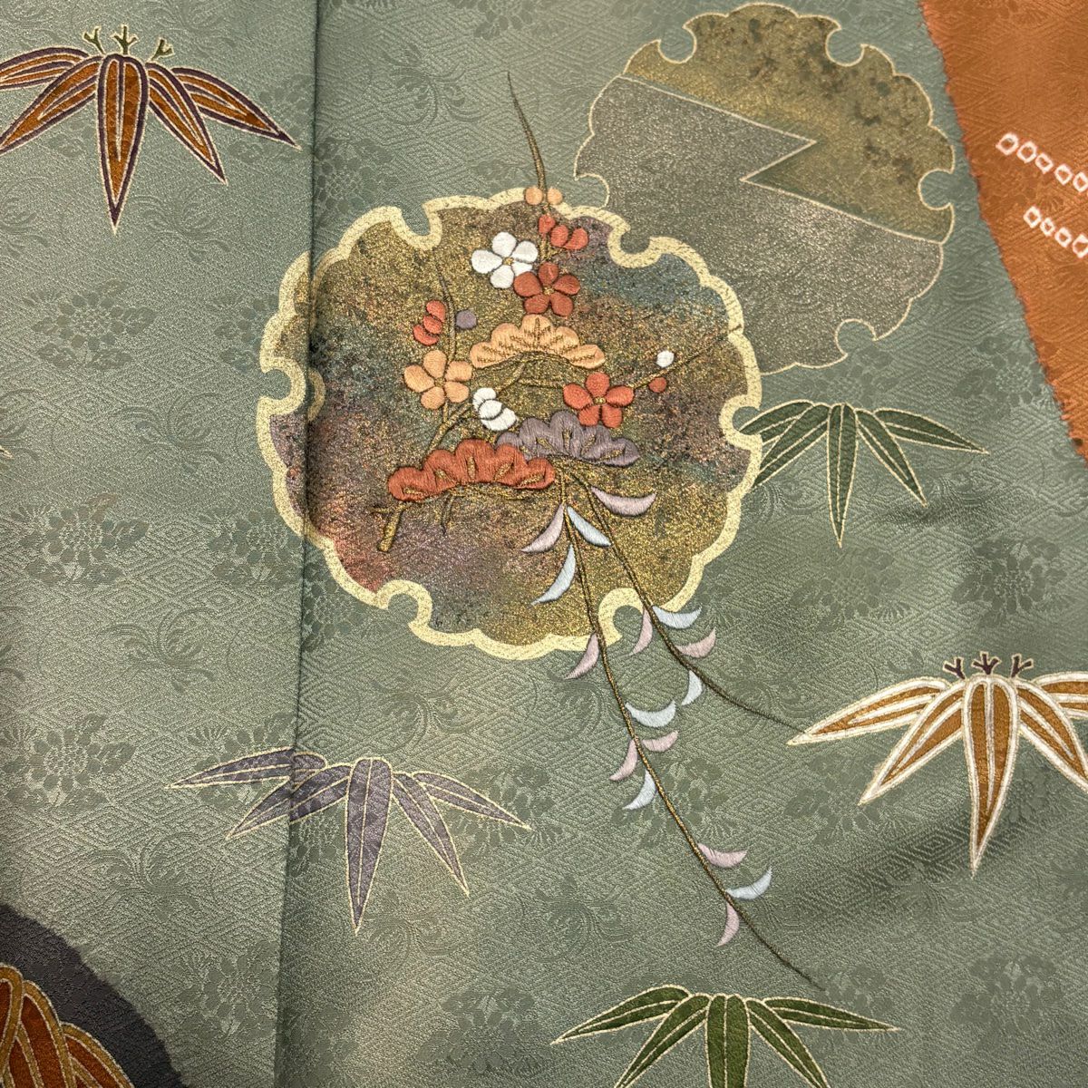訪問服 身長151cm 袖長62cm S 雙層 雪輪 松樹竹子梅花 刺繡 金糸 灰綠 純蠶絲 秀品級