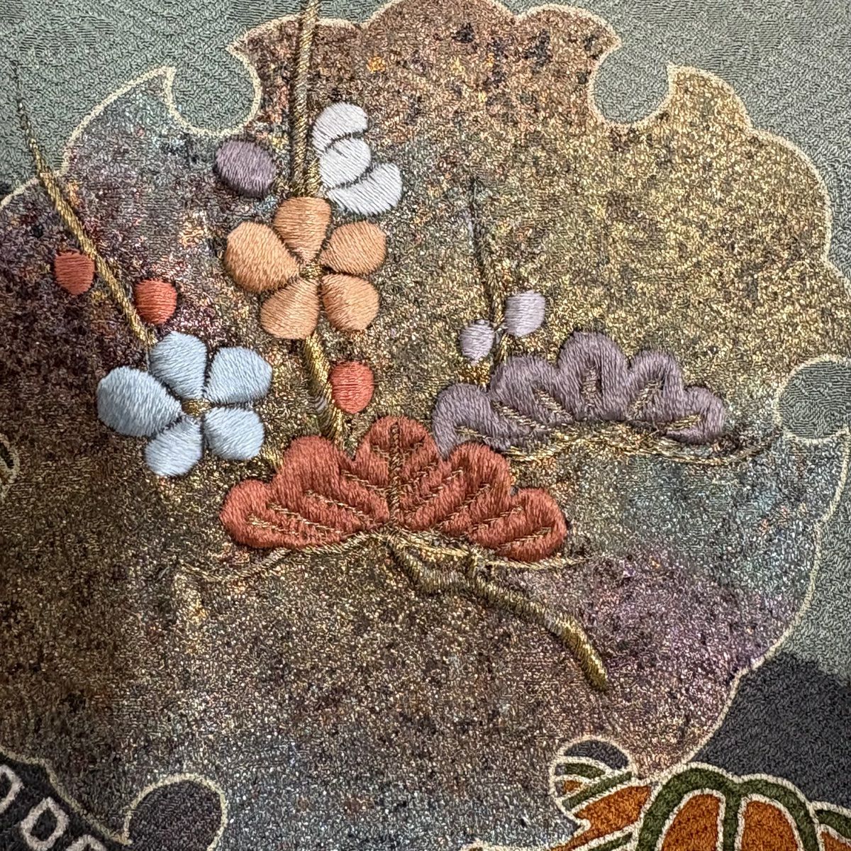 訪問服 身長151cm 袖長62cm S 雙層 雪輪 松樹竹子梅花 刺繡 金糸 灰綠 純蠶絲 秀品級