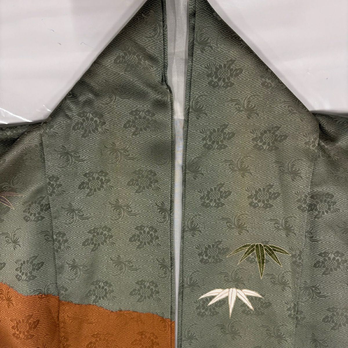 訪問服 身長151cm 袖長62cm S 雙層 雪輪 松樹竹子梅花 刺繡 金糸 灰綠 純蠶絲 秀品級