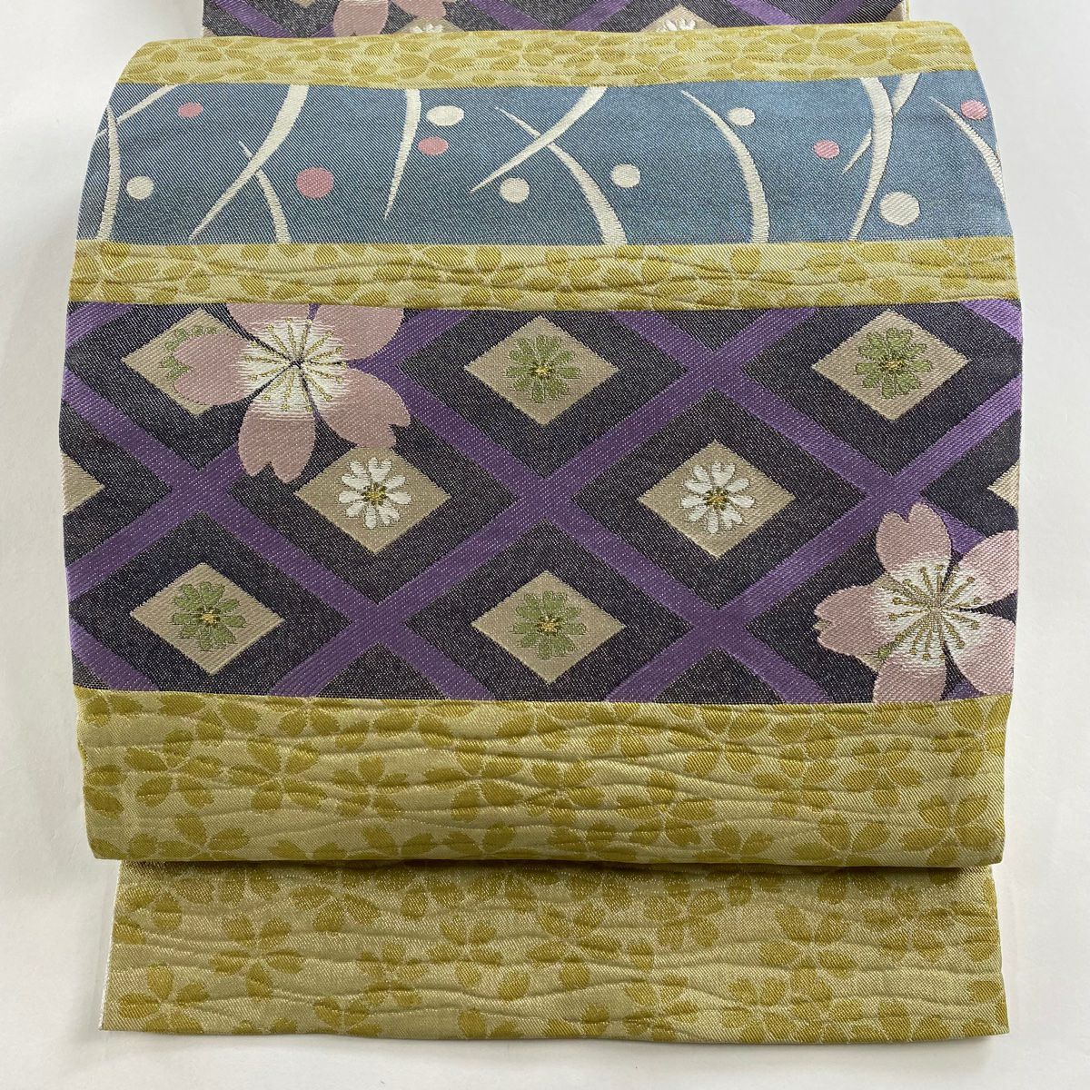 【美品】 袋帶 秀品級櫻花菱金金箔抹茶深藍六通純蠶絲