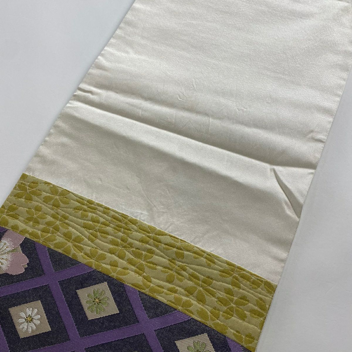 【美品】 袋帶 秀品級櫻花菱金金箔抹茶深藍六通純蠶絲