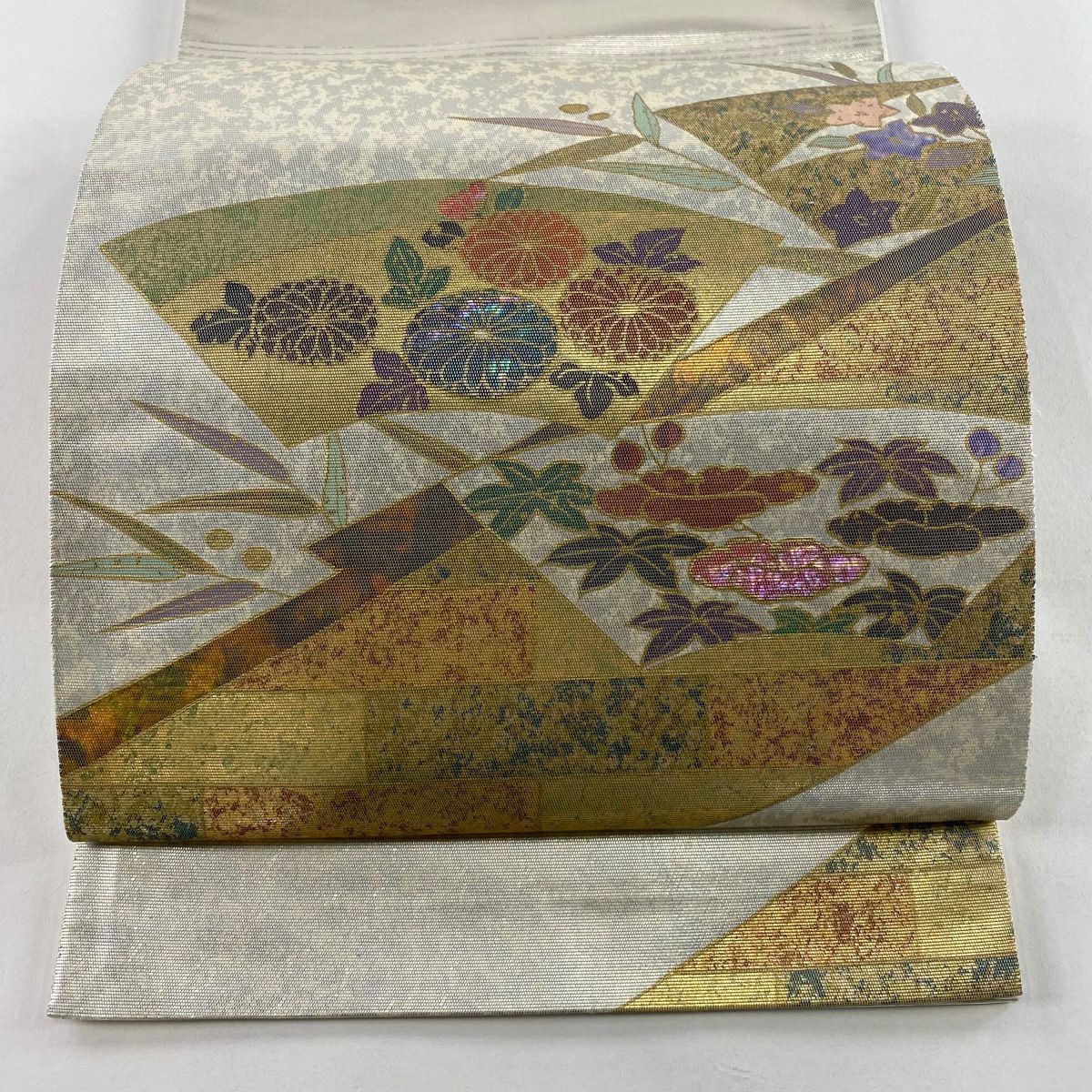 【美品】 袋帶 秀品級 扇子面 草花紋 螺鈿金金箔 金銀彩 純蠶絲