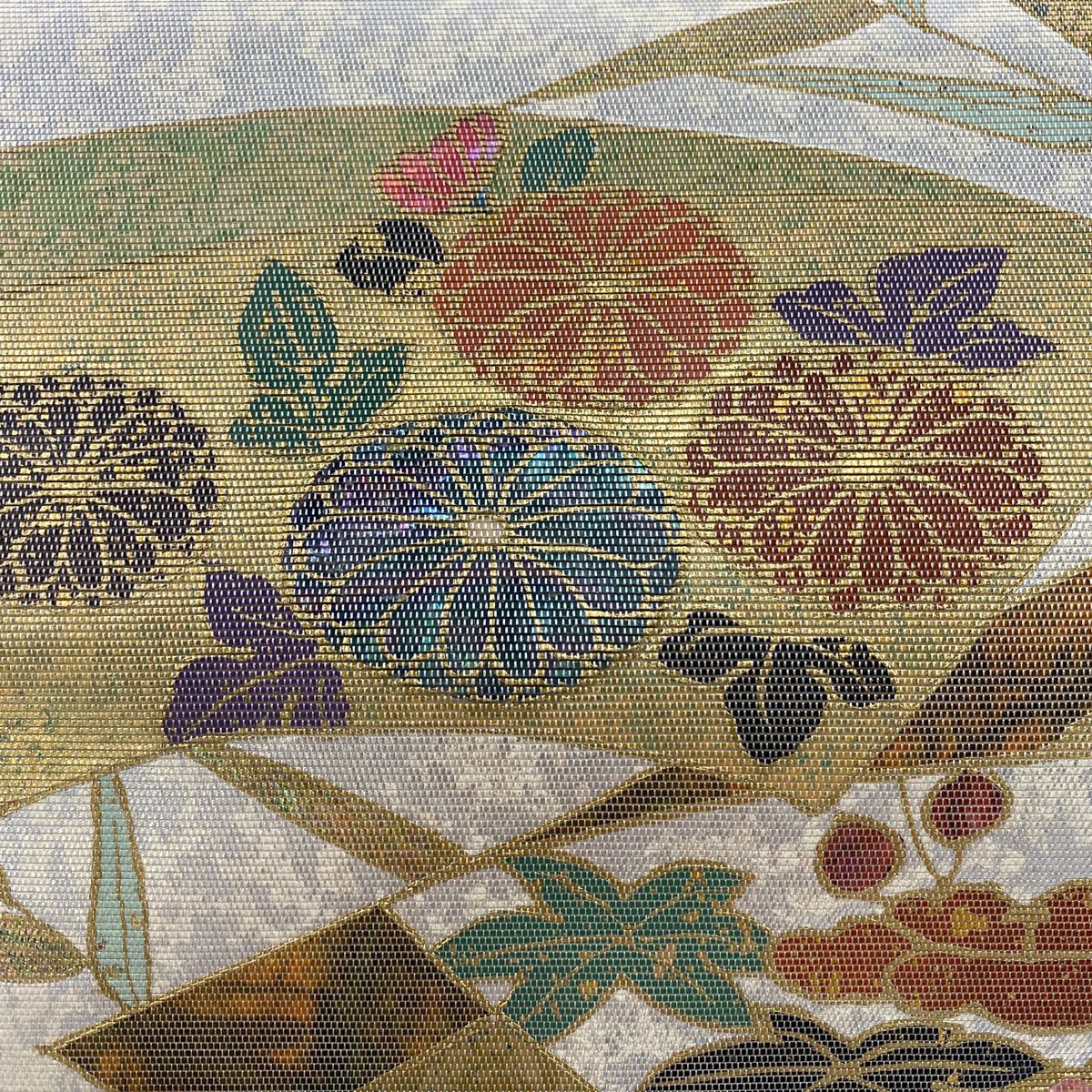 【美品】 袋帶 秀品級 扇子面 草花紋 螺鈿金金箔 金銀彩 純蠶絲