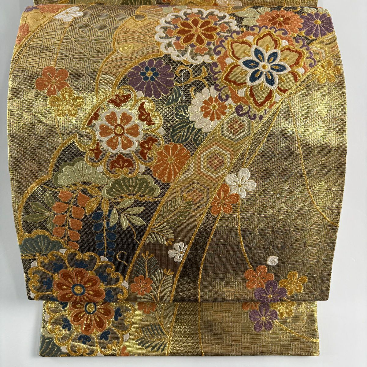 袋帶 秀品級 華紋 雪輪 唐織 金金箔 金色 六通 純蠶絲