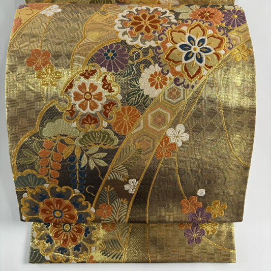 袋帶 秀品級 華紋 雪輪 唐織 金金箔 金色 六通 純蠶絲