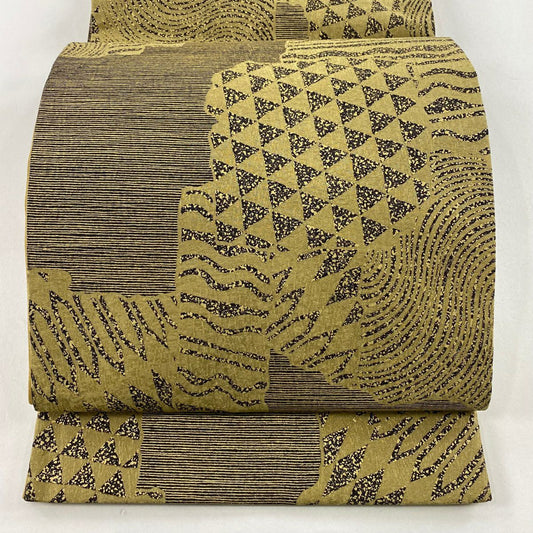 袋帶 秀品級 幾何圖案 金絲 金銀彩 鶯色 全通 純蠶絲