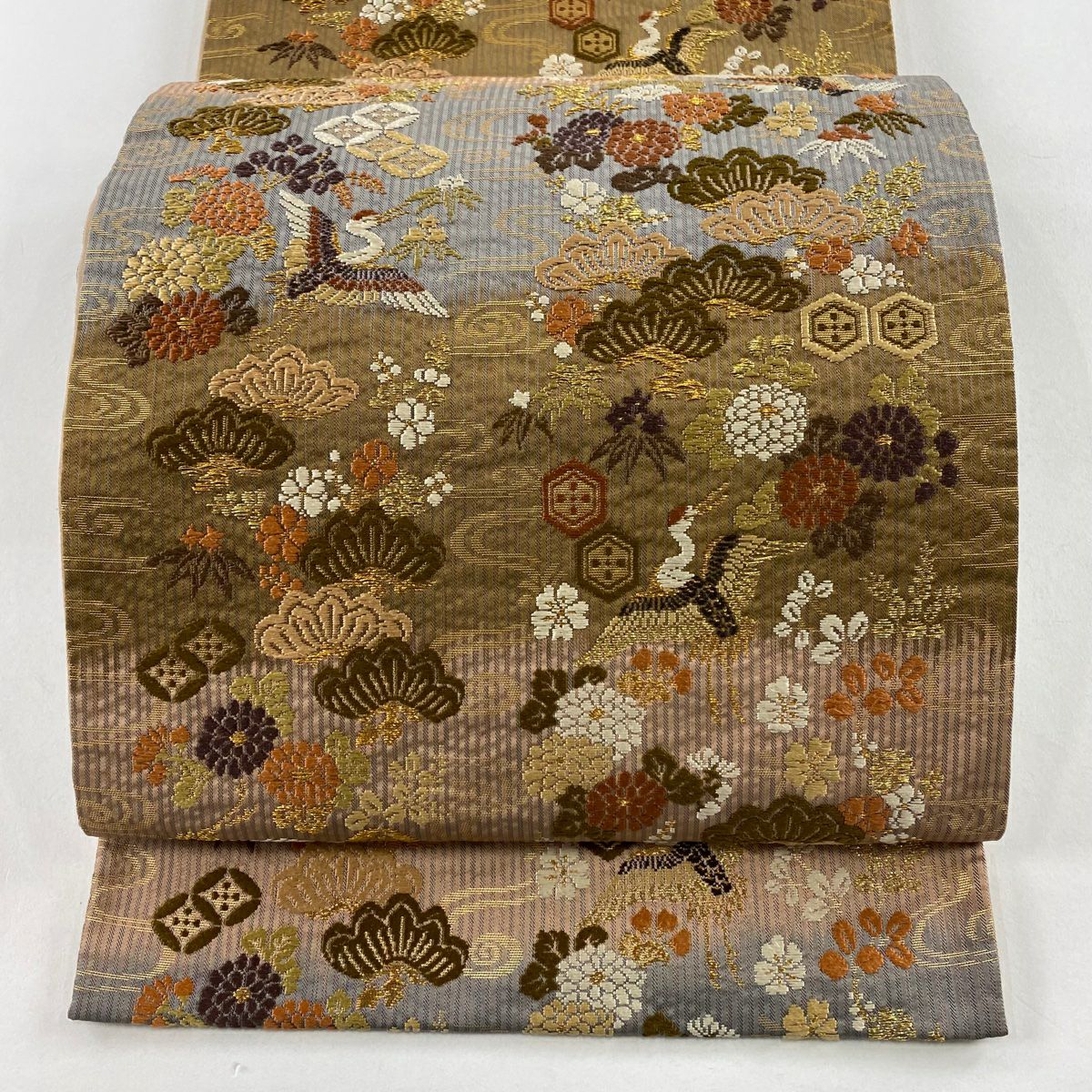 袋帶 秀品級 松樹竹子梅花 仙鶴 金糸 金金箔 粉米色 六通 純蠶絲