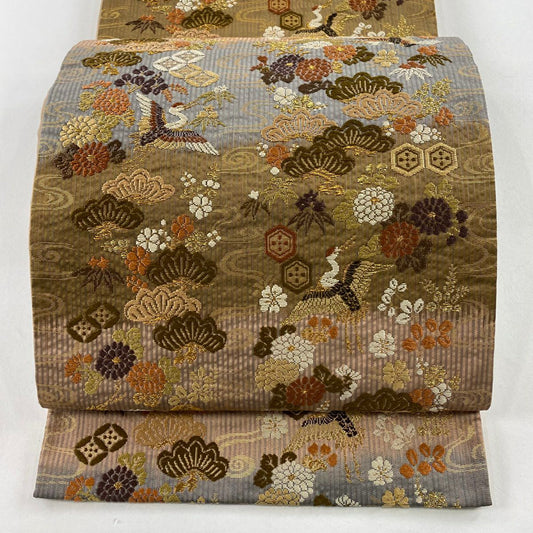 袋帶 秀品級 松樹竹子梅花 仙鶴 金糸 金金箔 粉米色 六通 純蠶絲