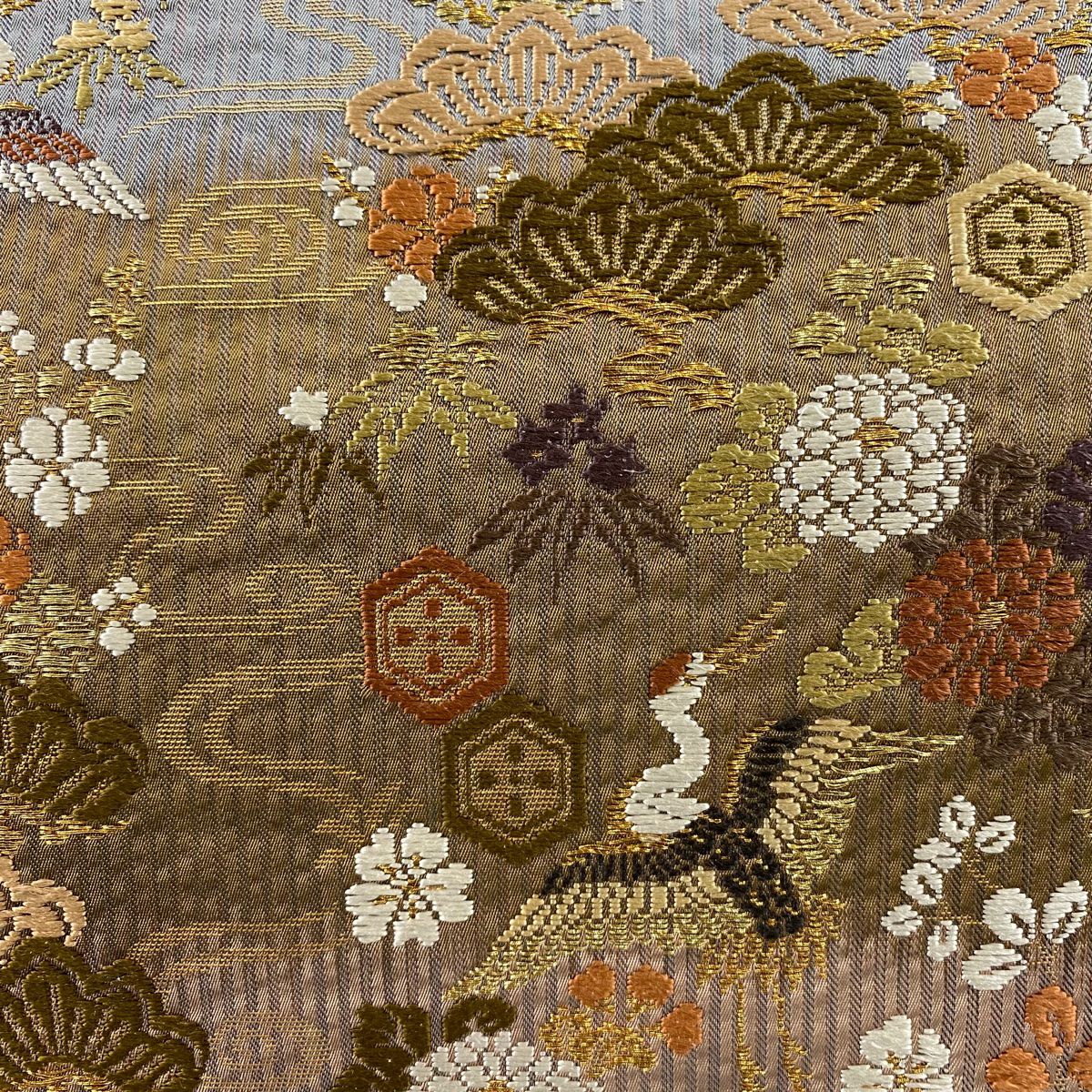 袋帶 秀品級 松樹竹子梅花 仙鶴 金糸 金金箔 粉米色 六通 純蠶絲