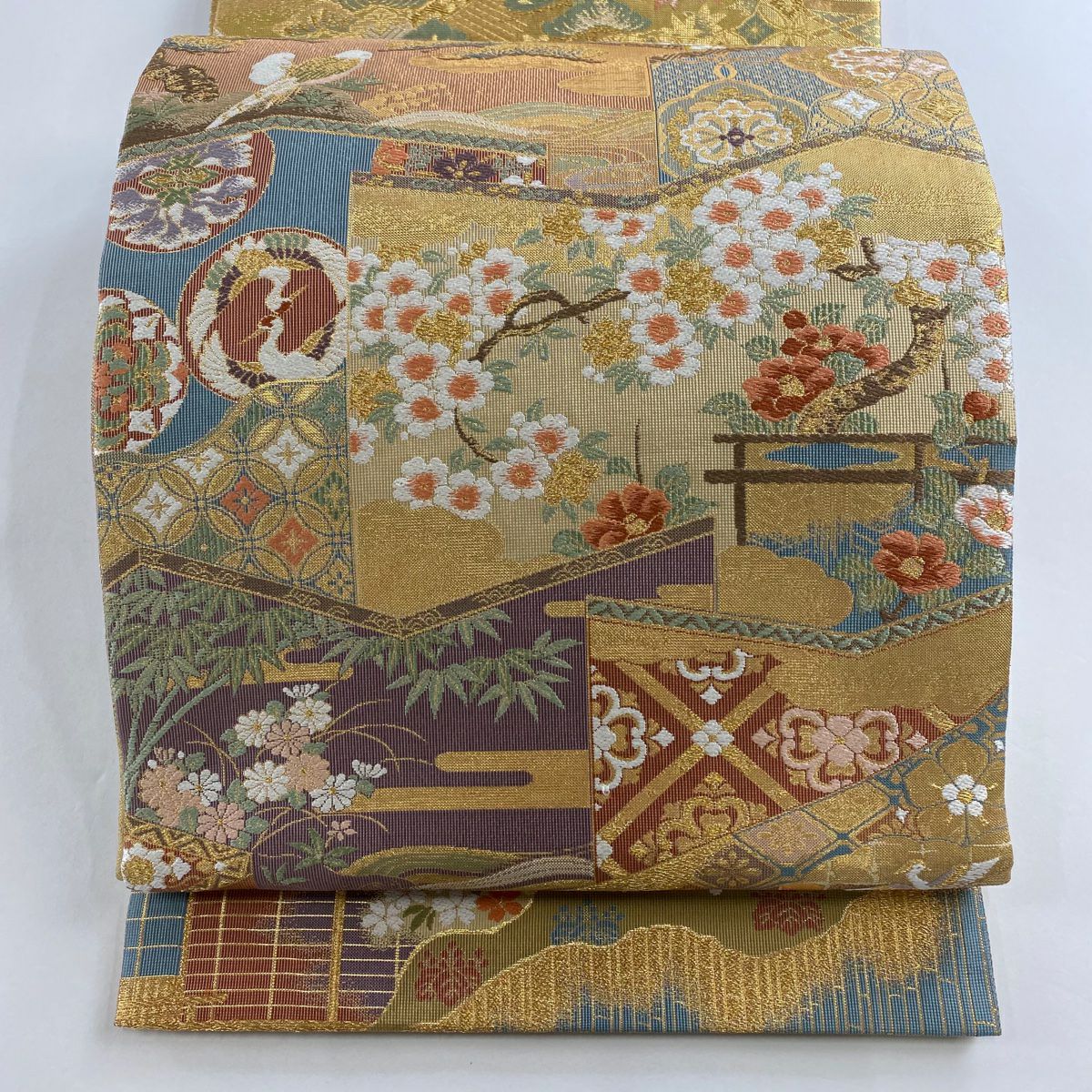 【美品】 袋帶 秀品級 花鳥 屏風 金絲 金金箔 金色 六通 純蠶絲