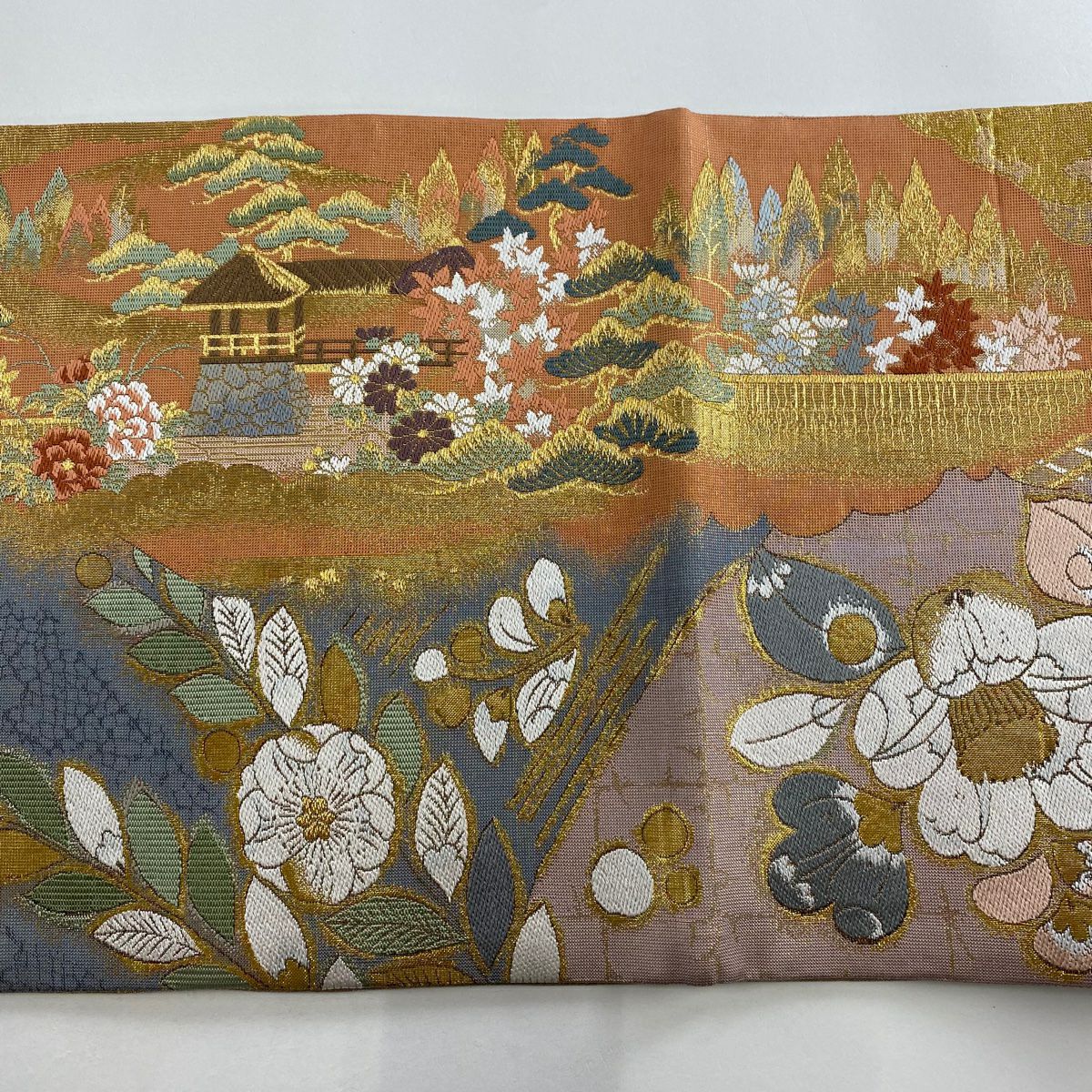 【美品】 袋帶 秀品級 花鳥 屏風 金絲 金金箔 金色 六通 純蠶絲