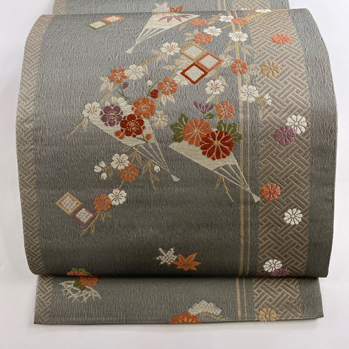 袋帶 秀品級 松樹 菱 刺繡 金金箔 灰 純蠶絲