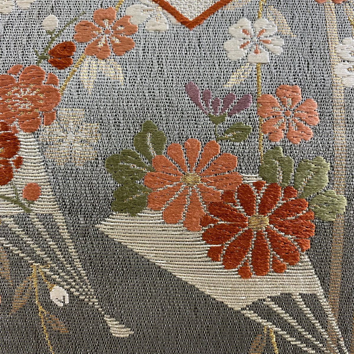 袋帶 秀品級 松樹 菱 刺繡 金金箔 灰 純蠶絲