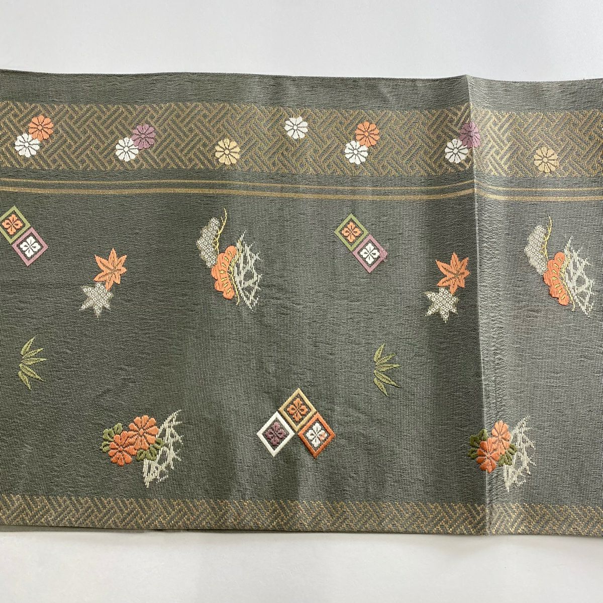 袋帶 秀品級 松樹 菱 刺繡 金金箔 灰 純蠶絲