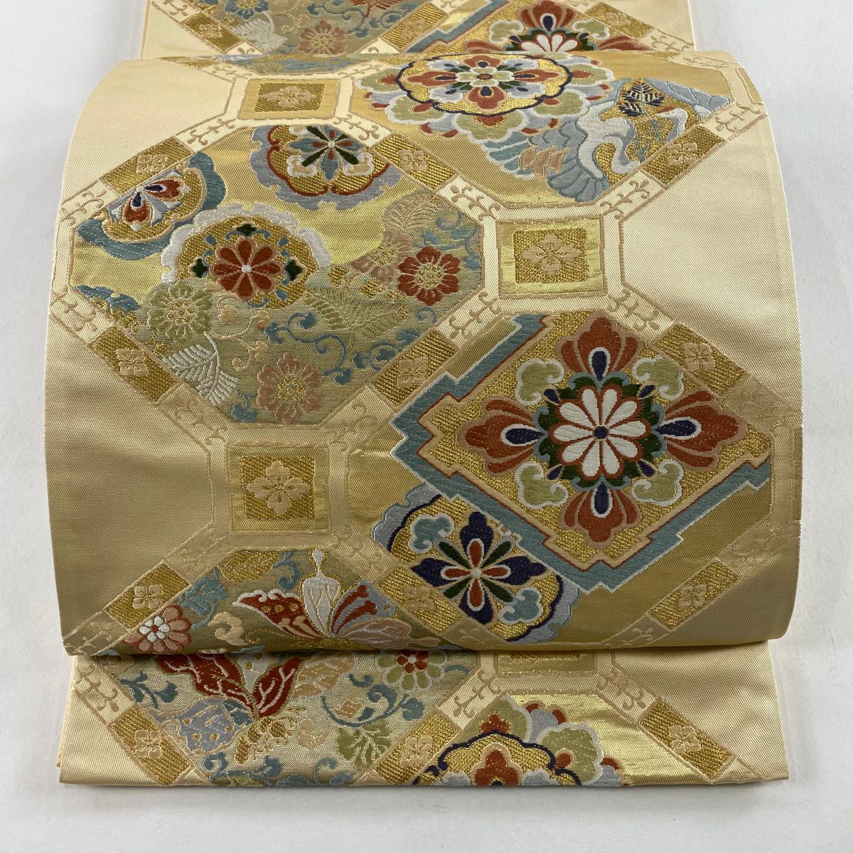袋帶 秀品級 泰平錦 蜀江文 華紋 金絲 金金箔 米色 六通 純蠶絲