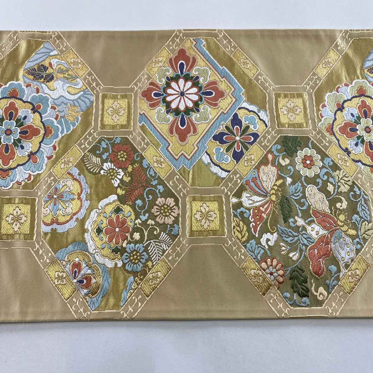 袋帶 秀品級 泰平錦 蜀江文 華紋 金絲 金金箔 米色 六通 純蠶絲